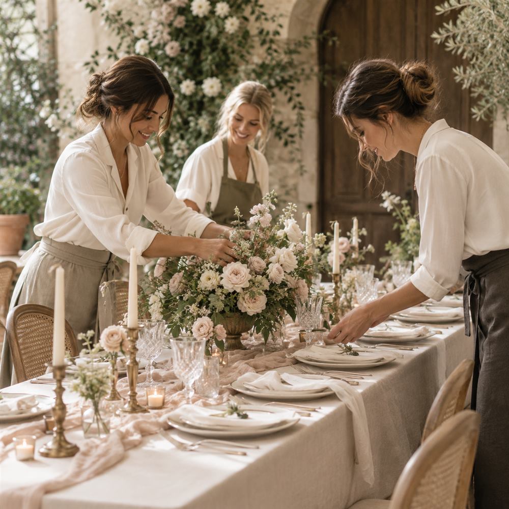 Event stylists working together on a wedding table